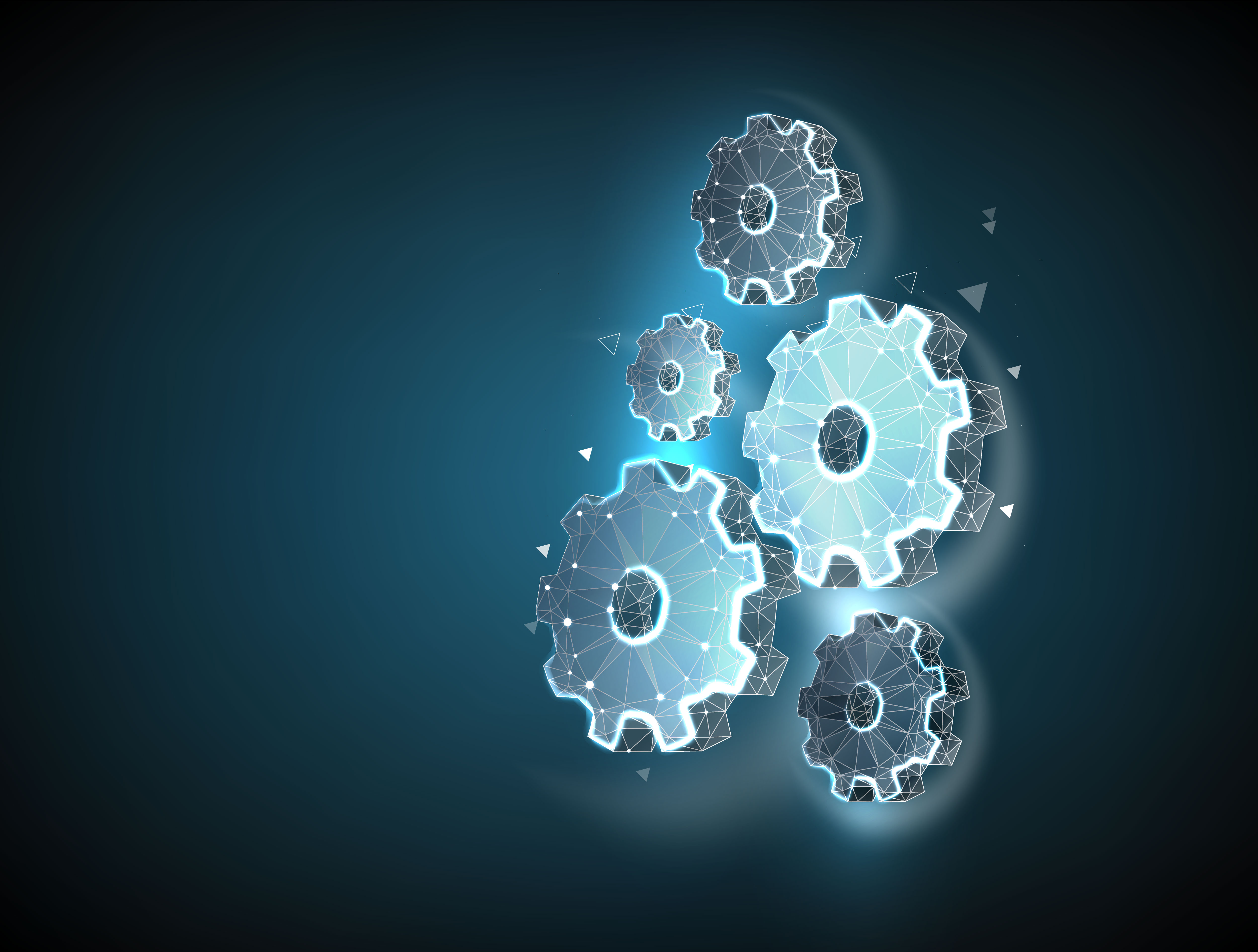 Gear low poly wireframe art on black backgraund. oncept for cooperation or teamwork concept. Polygonal space low poly with connected dots and polygon lines. 3D vector wireframe mesh